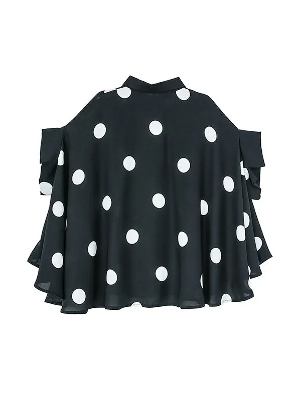 Polka-Dot Batwing Sleeves High-Low Lapel Blouses&Shirts Tops