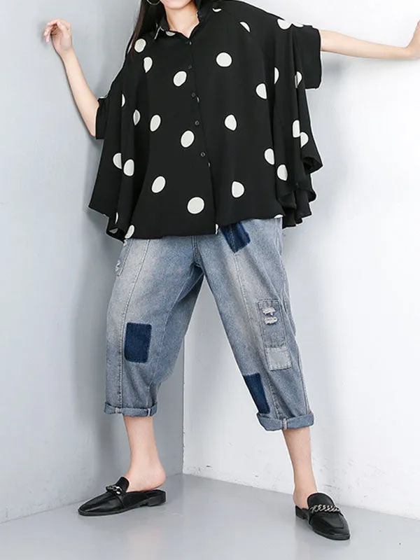 Polka-Dot Batwing Sleeves High-Low Lapel Blouses&Shirts Tops