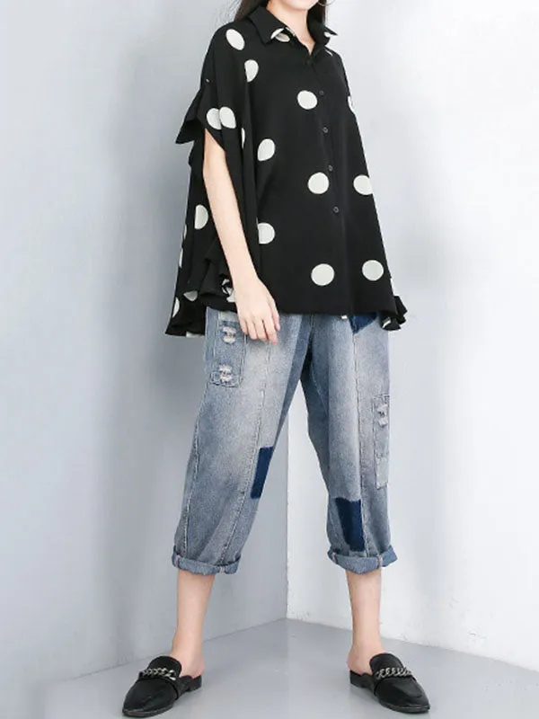 Polka-Dot Batwing Sleeves High-Low Lapel Blouses&Shirts Tops