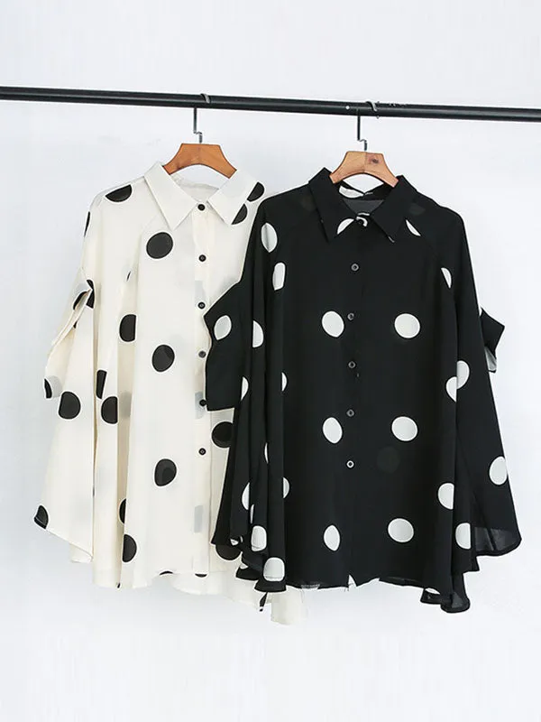 Polka-Dot Batwing Sleeves High-Low Lapel Blouses&Shirts Tops