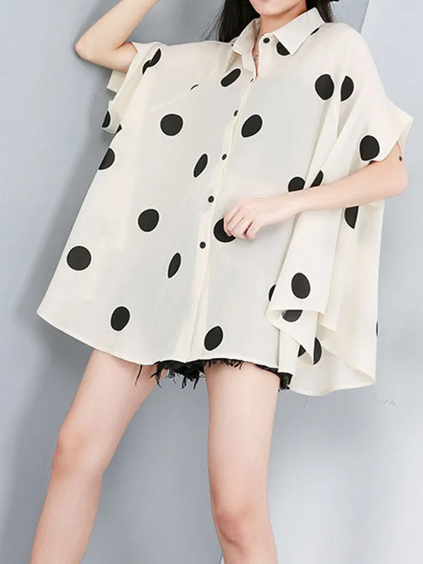 Polka-Dot Batwing Sleeves High-Low Lapel Blouses&Shirts Tops