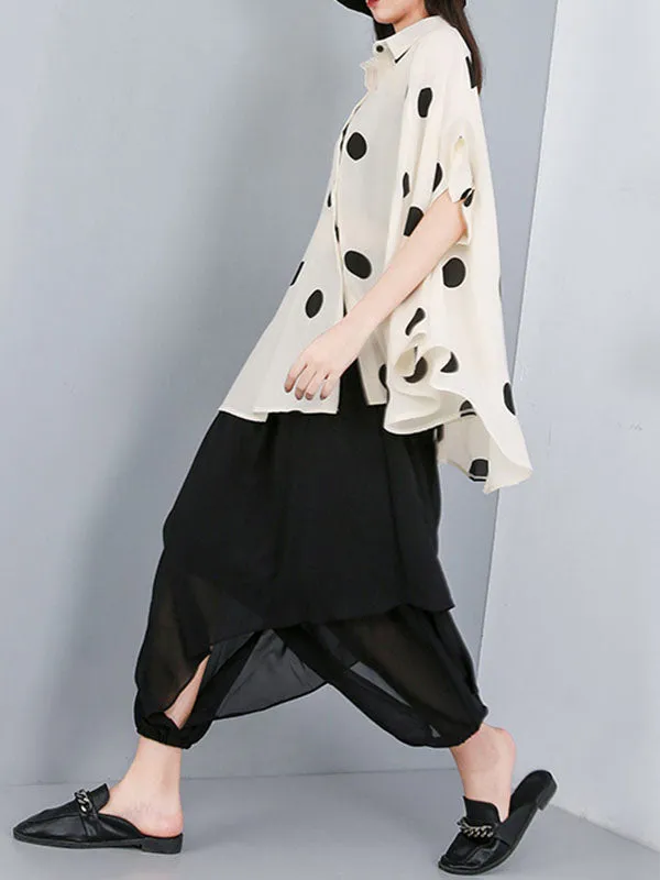 Polka-Dot Batwing Sleeves High-Low Lapel Blouses&Shirts Tops