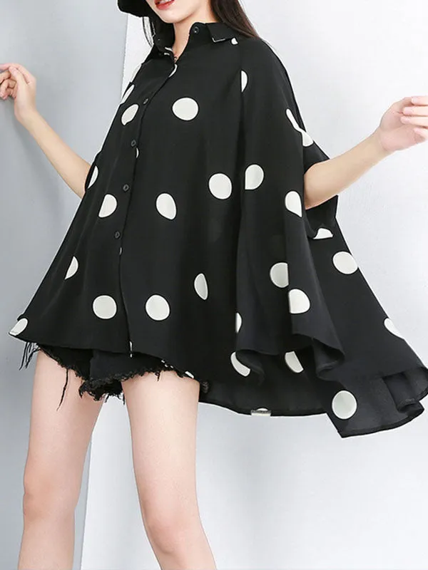 Polka-Dot Batwing Sleeves High-Low Lapel Blouses&Shirts Tops