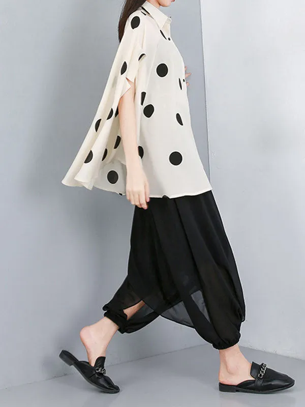 Polka-Dot Batwing Sleeves High-Low Lapel Blouses&Shirts Tops