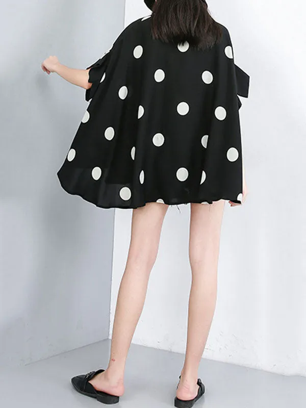 Polka-Dot Batwing Sleeves High-Low Lapel Blouses&Shirts Tops