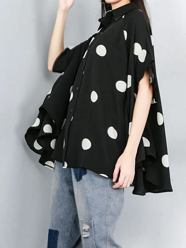 Polka-Dot Batwing Sleeves High-Low Lapel Blouses&Shirts Tops