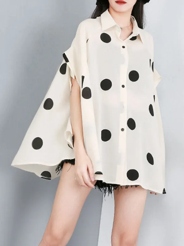 Polka-Dot Batwing Sleeves High-Low Lapel Blouses&Shirts Tops