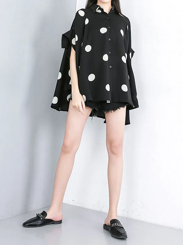 Polka-Dot Batwing Sleeves High-Low Lapel Blouses&Shirts Tops