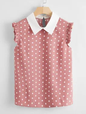 Polka Dot Contrast Collar Frill Cuff Blouse