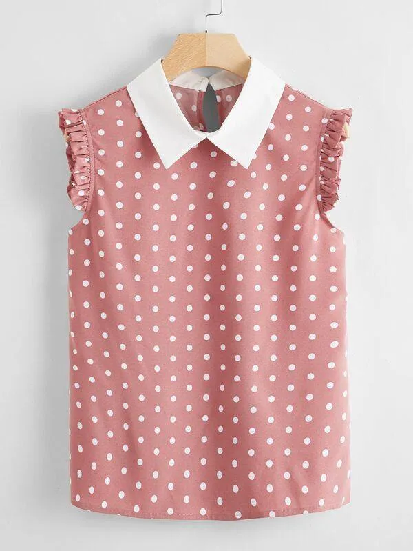 Polka Dot Contrast Collar Frill Cuff Blouse