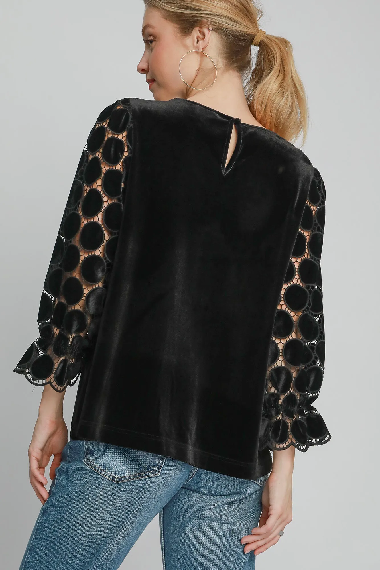 Polka Dot Lace Long Sleeve Round Neck Blouse