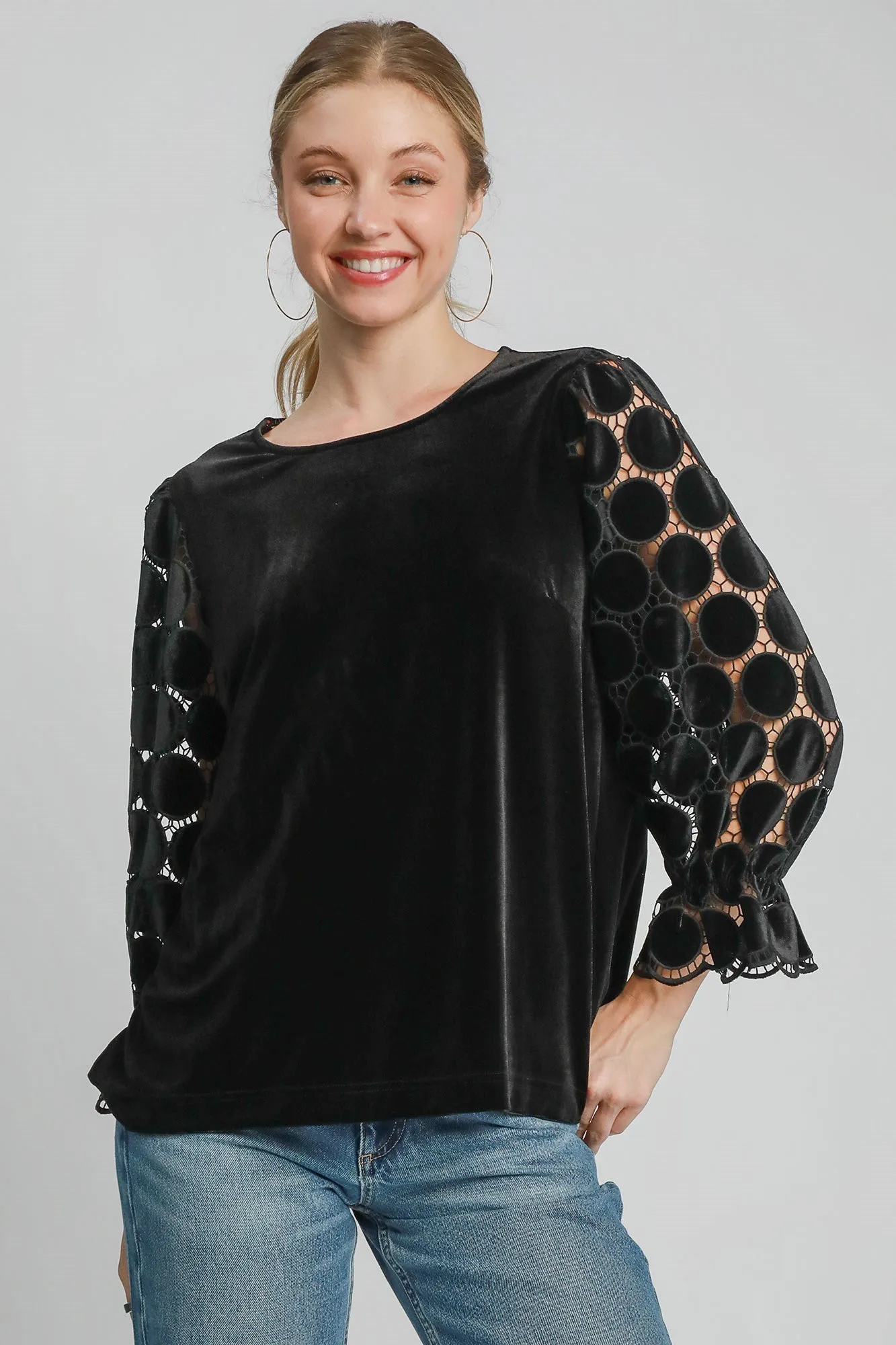 Polka Dot Lace Long Sleeve Round Neck Blouse