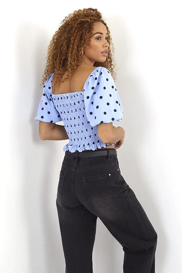 POLKA DOT PRINT SHIRRED PUFF SLEEVE CROP TOP