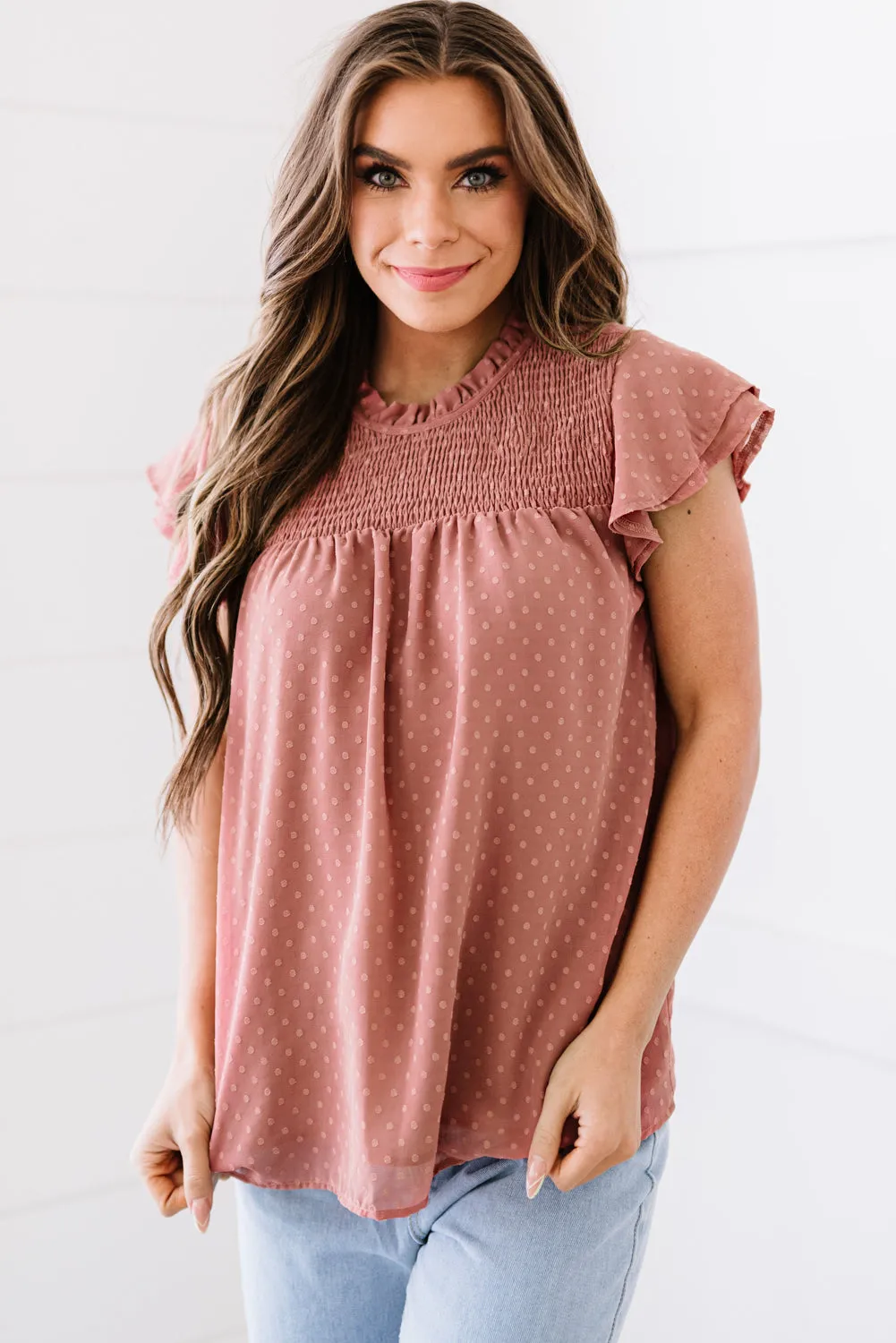 Polka Dot Smocked Flutter Sleeve Blouse