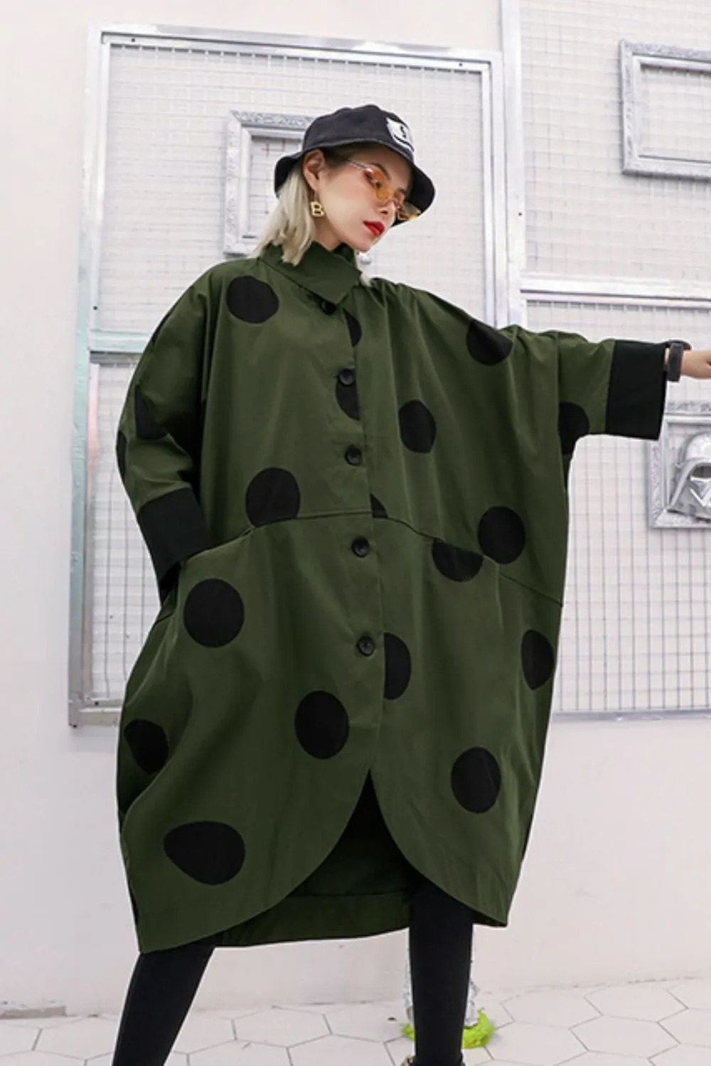 Polka Dot Tulip Hem Longline Shirt Jacket