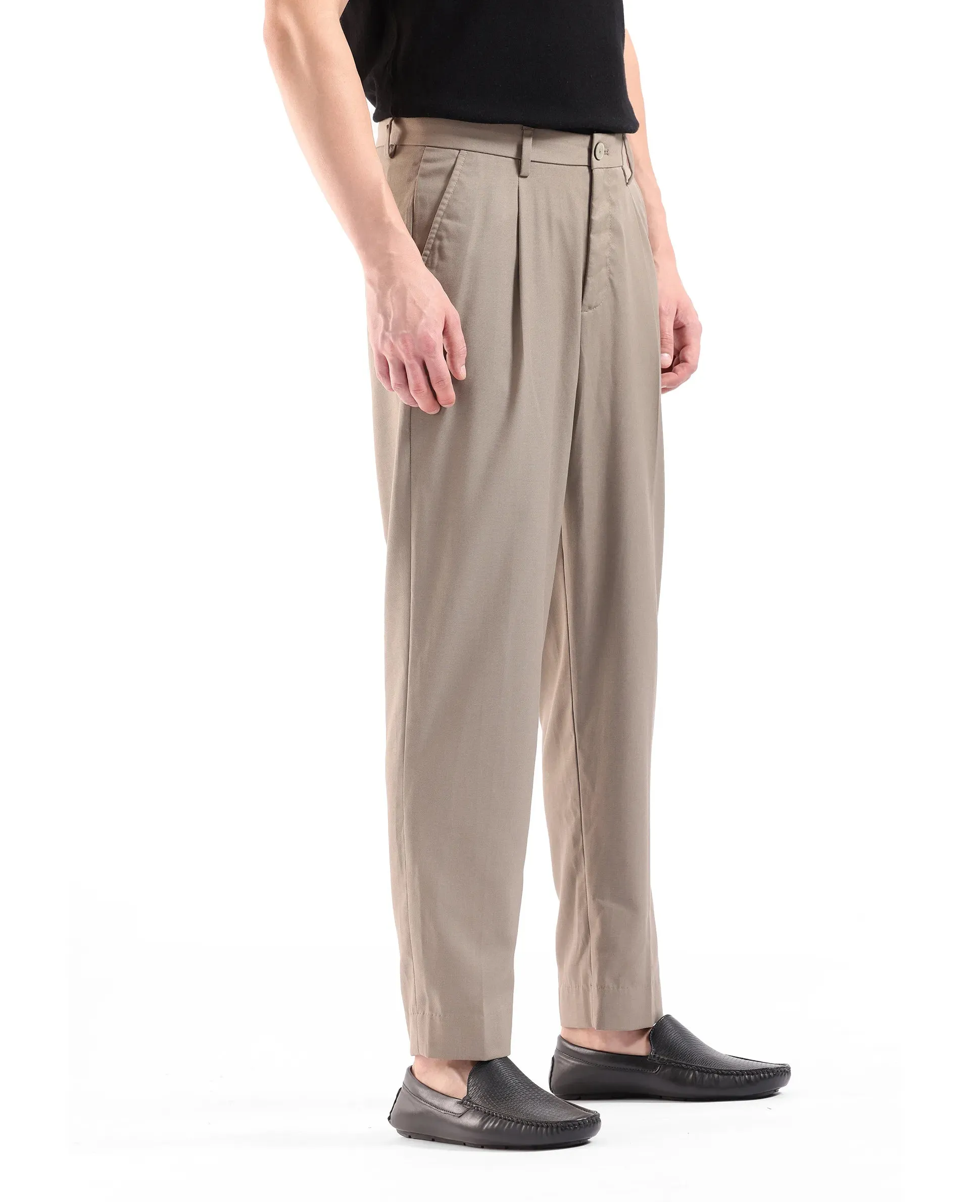 Rare Rabbit Men Windsor Dark Beige Button Closure Pleated Relaxed Fit Plain Trouser