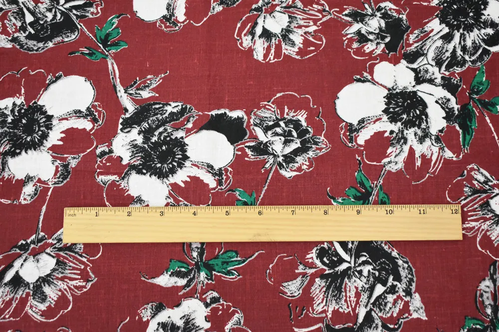 Red-Black-Green Floral Printed Linen Woven Fabric