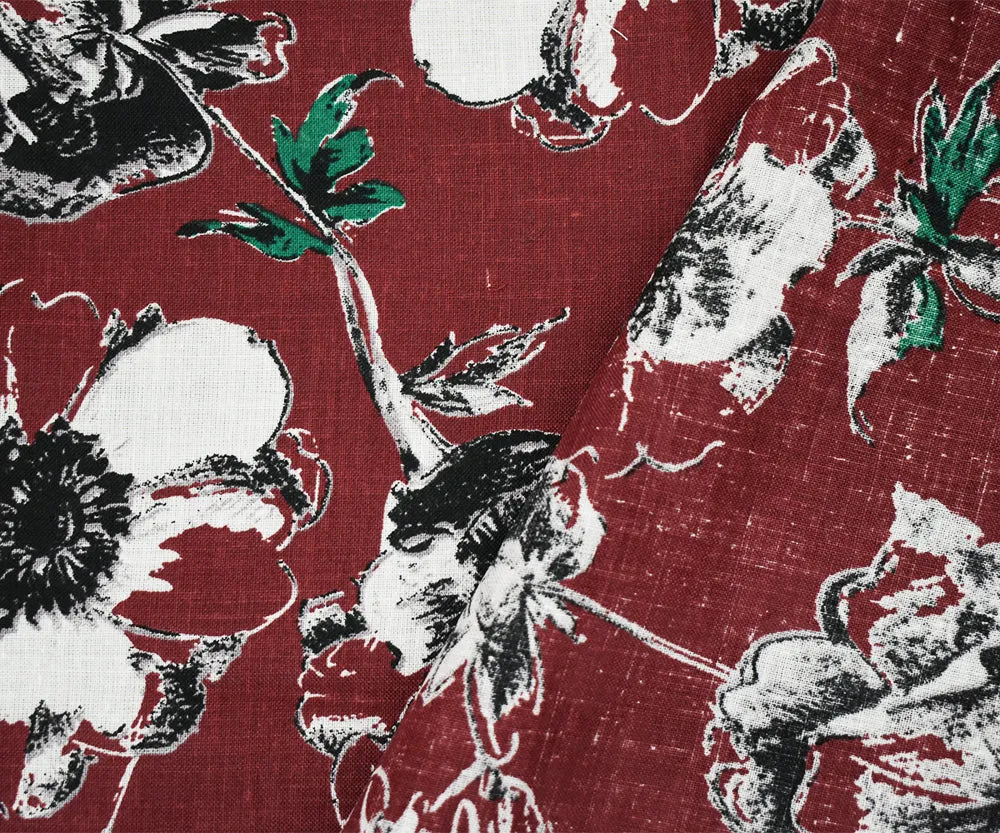 Red-Black-Green Floral Printed Linen Woven Fabric