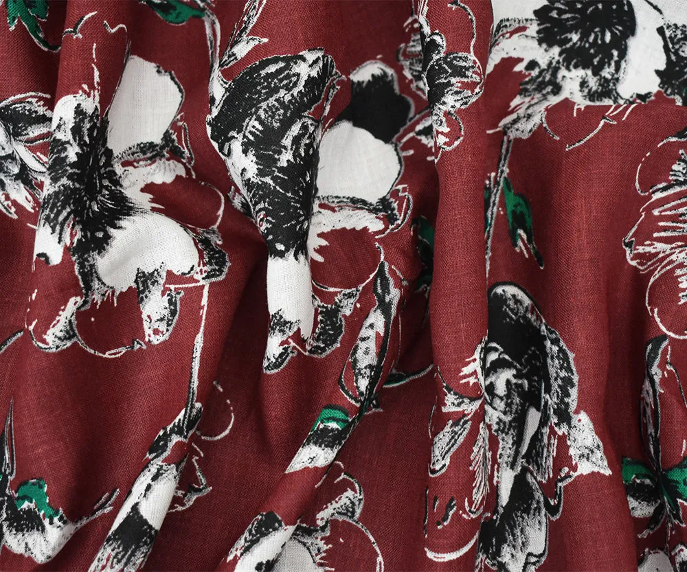 Red-Black-Green Floral Printed Linen Woven Fabric