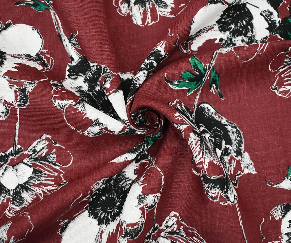 Red-Black-Green Floral Printed Linen Woven Fabric