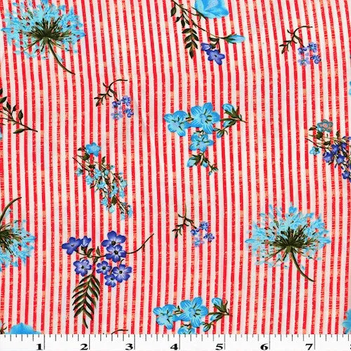 Red/Blue/Multi Floral Stripe Printed Rayon Twill Shirting Fabric