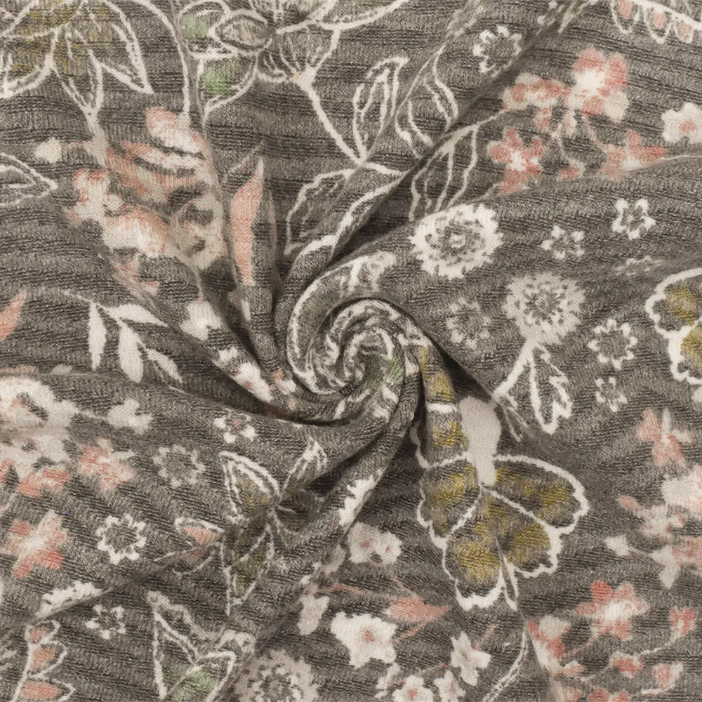 Rock Gray-Beige-Multi Floral Printed Stretch Jacquard Knit Fabric