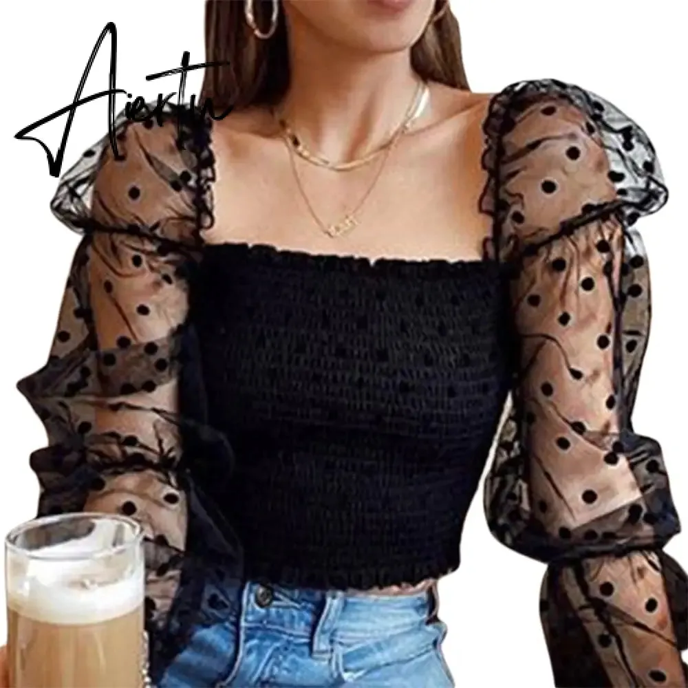 Sexy Women Wrinkled Backless Blouse Shirt Mesh Sheer Puff Sleeve Wrap Chest Tops Spring Summer Ladies Dots Blouse