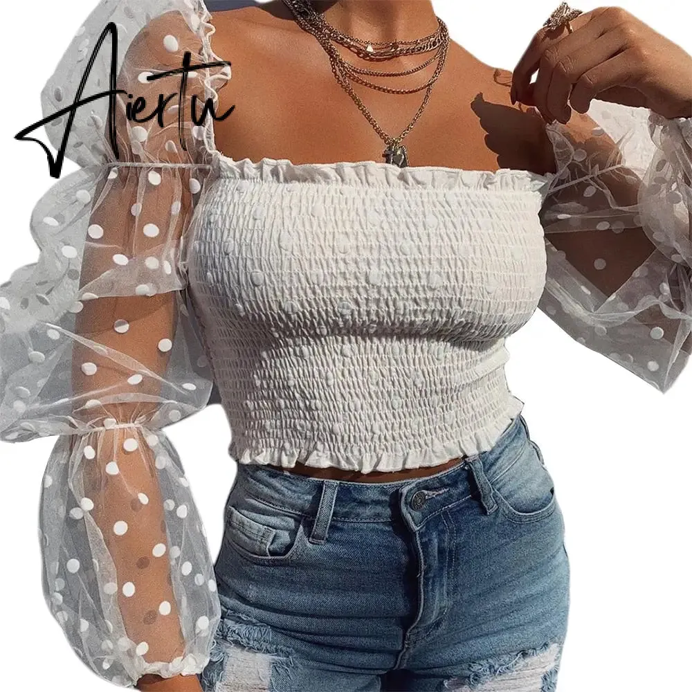 Sexy Women Wrinkled Backless Blouse Shirt Mesh Sheer Puff Sleeve Wrap Chest Tops Spring Summer Ladies Dots Blouse