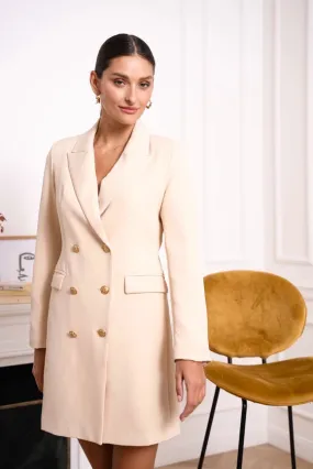 Solid Double-Breasted Jacket with Gold Buttons Beige