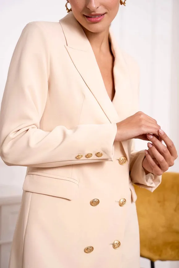 Solid Double-Breasted Jacket with Gold Buttons Beige