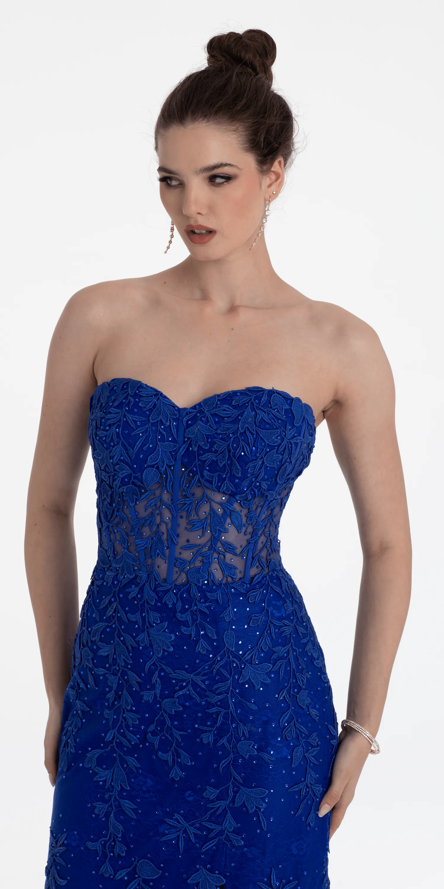 Strapless Mesh Corset Trumpet Dress with Beaded Appliques