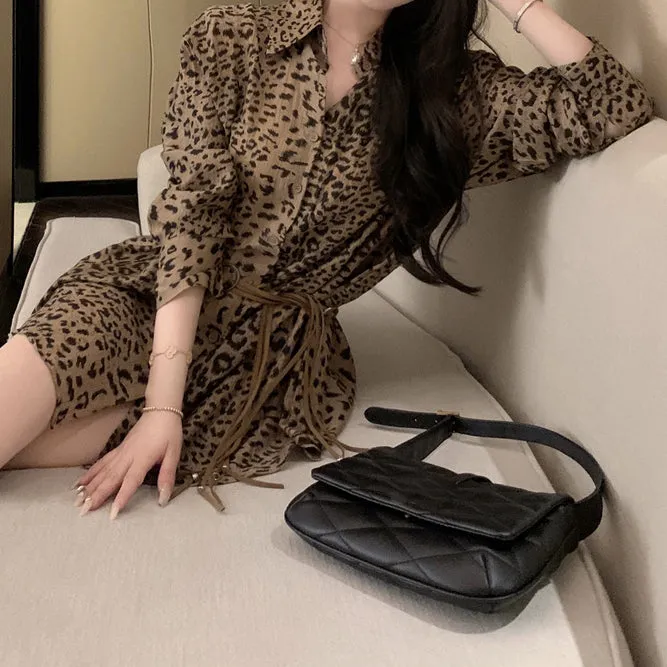 Temperament Leopard Print Shirt Dress With Belt