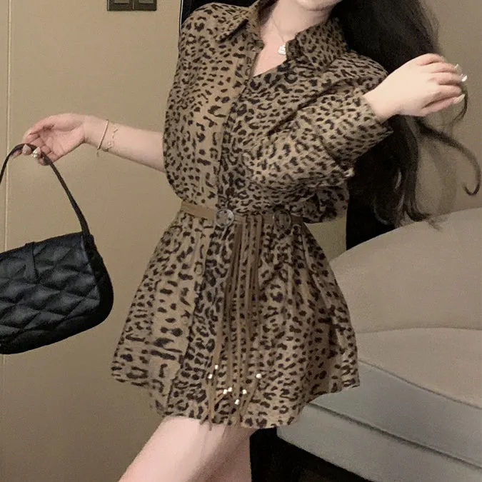 Temperament Leopard Print Shirt Dress With Belt