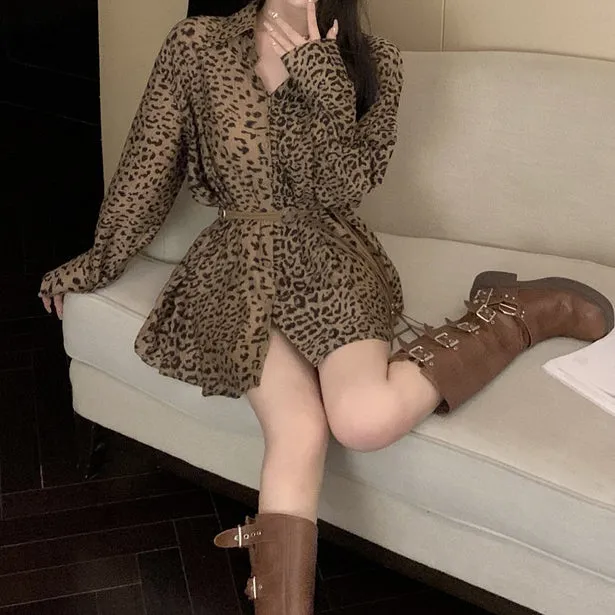 Temperament Leopard Print Shirt Dress With Belt