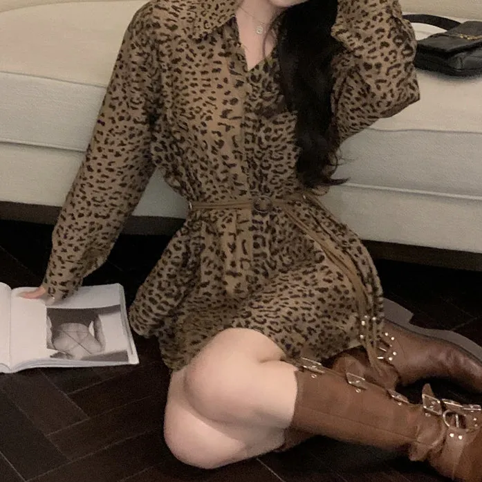 Temperament Leopard Print Shirt Dress With Belt