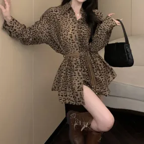 Temperament Leopard Print Shirt Dress With Belt