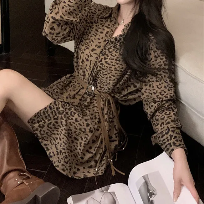 Temperament Leopard Print Shirt Dress With Belt