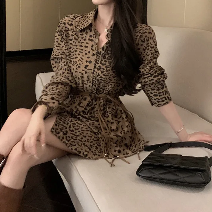 Temperament Leopard Print Shirt Dress With Belt