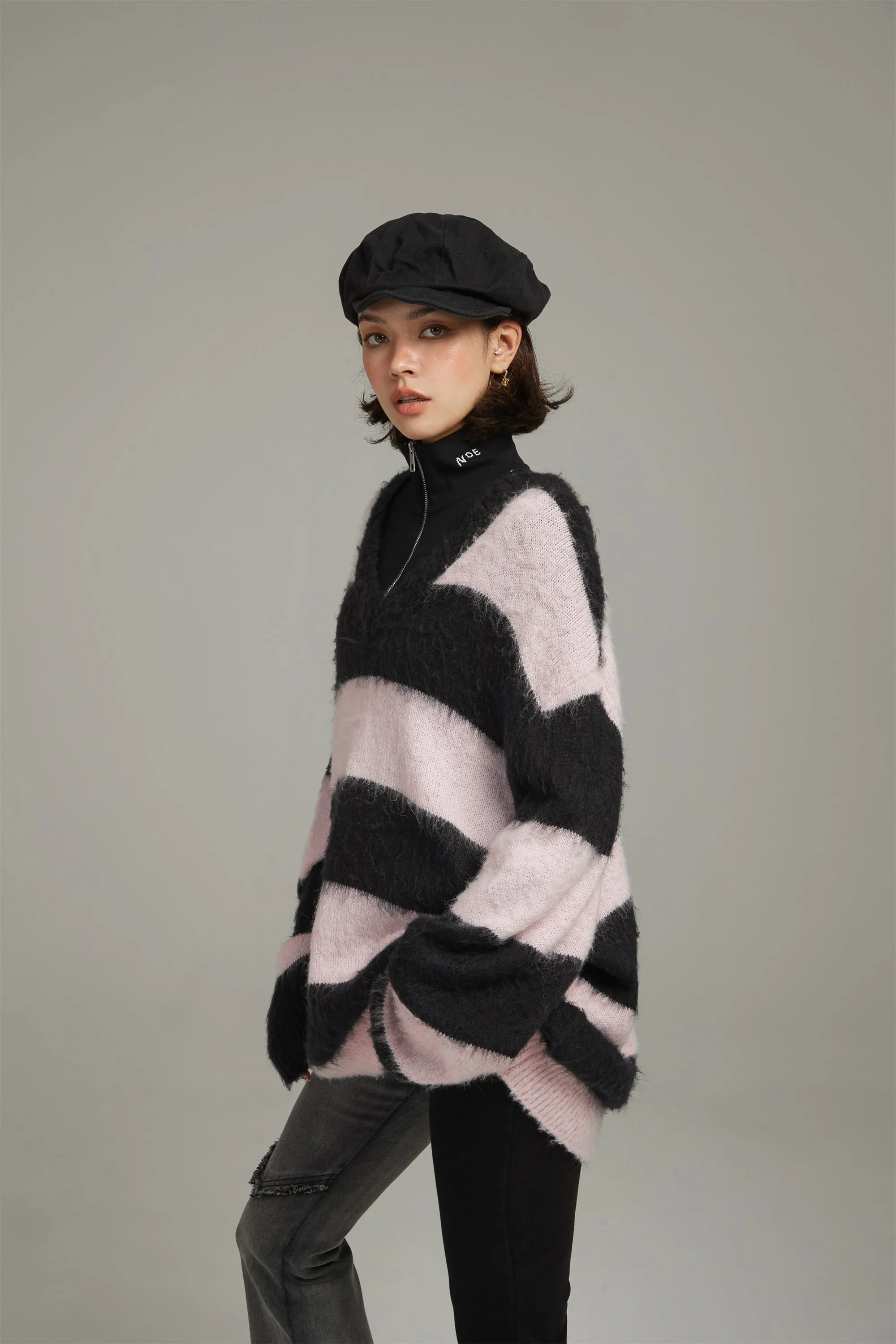 V-Neck Color Stripe Knit Sweater