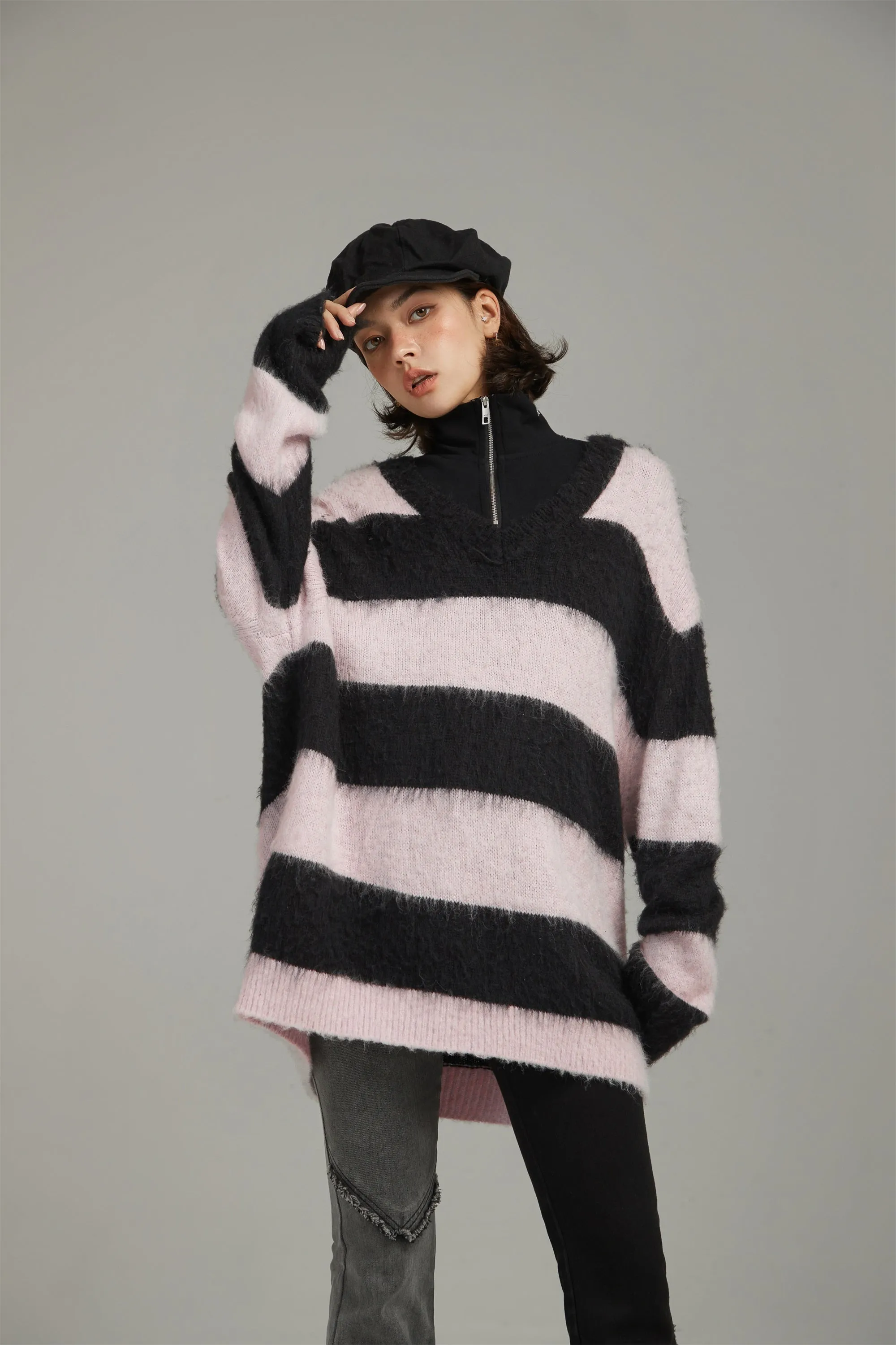 V-Neck Color Stripe Knit Sweater