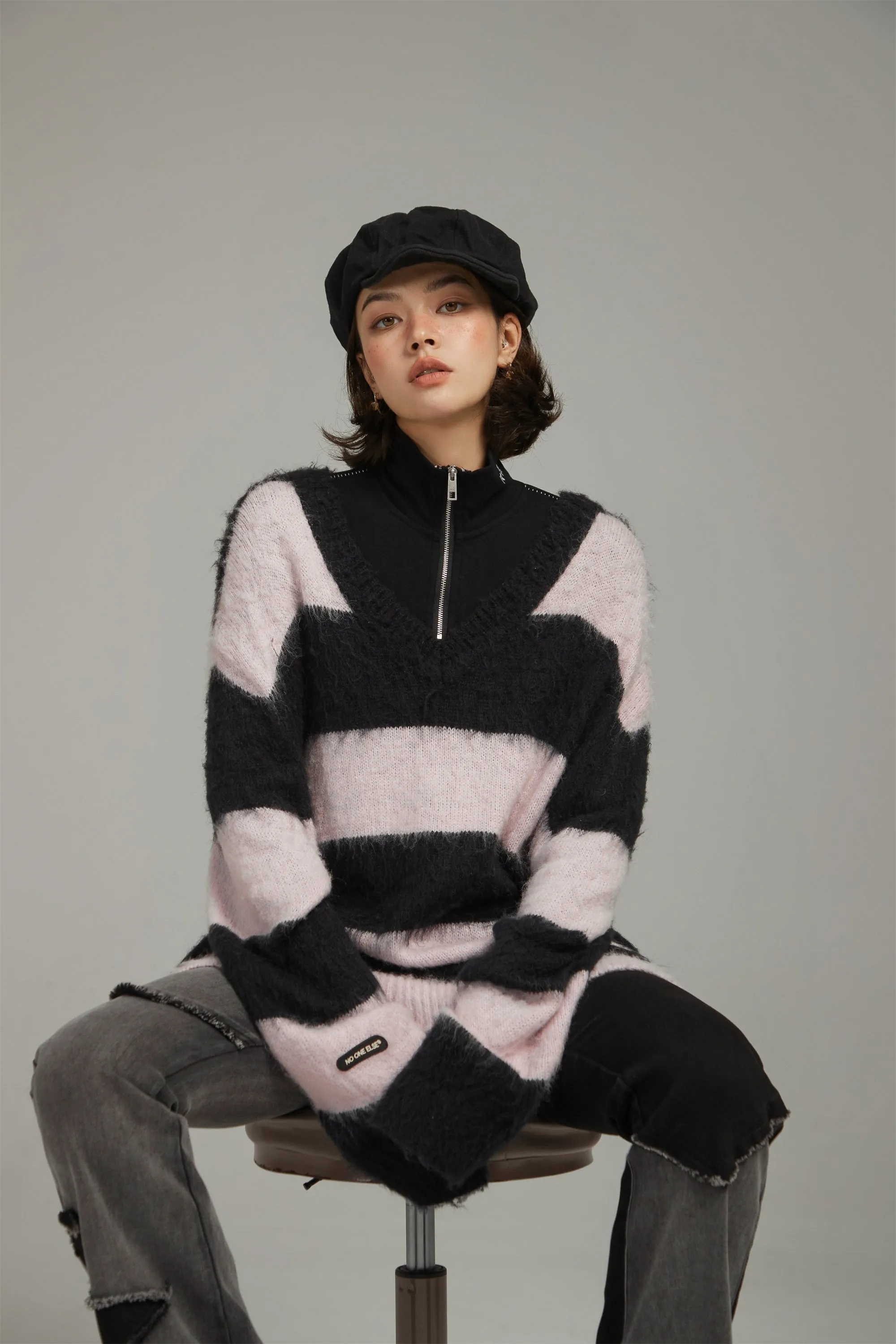 V-Neck Color Stripe Knit Sweater