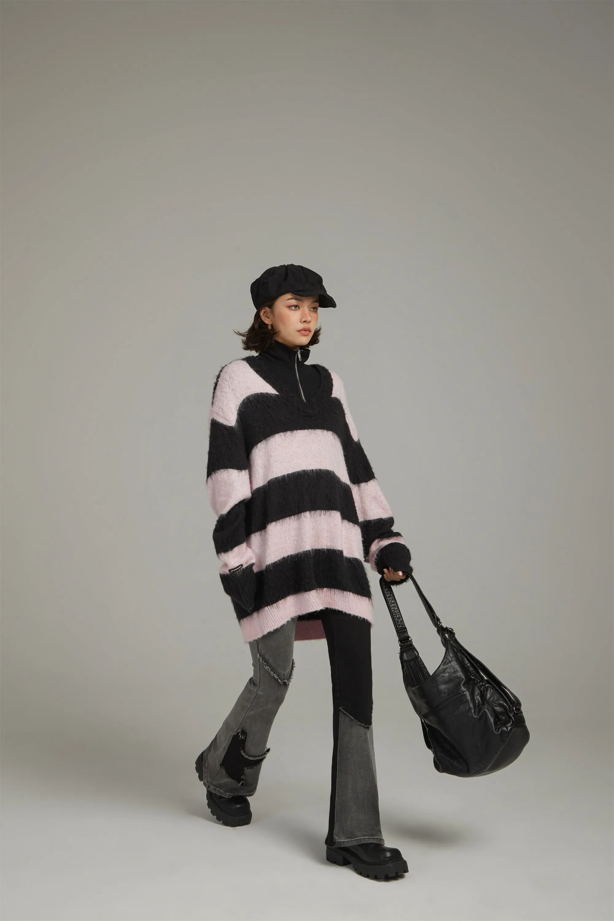 V-Neck Color Stripe Knit Sweater