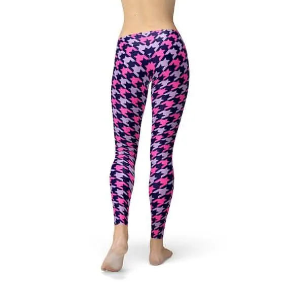 Vibrant Houndstooth Pattern Leggings in Pink and Purple for Women