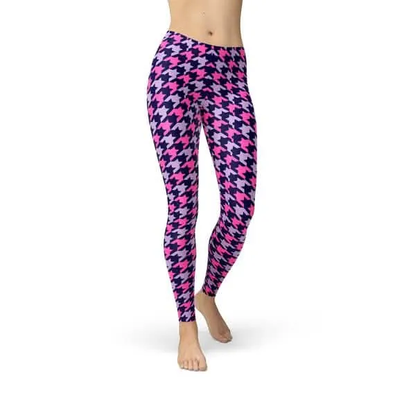 Vibrant Houndstooth Pattern Leggings in Pink and Purple for Women