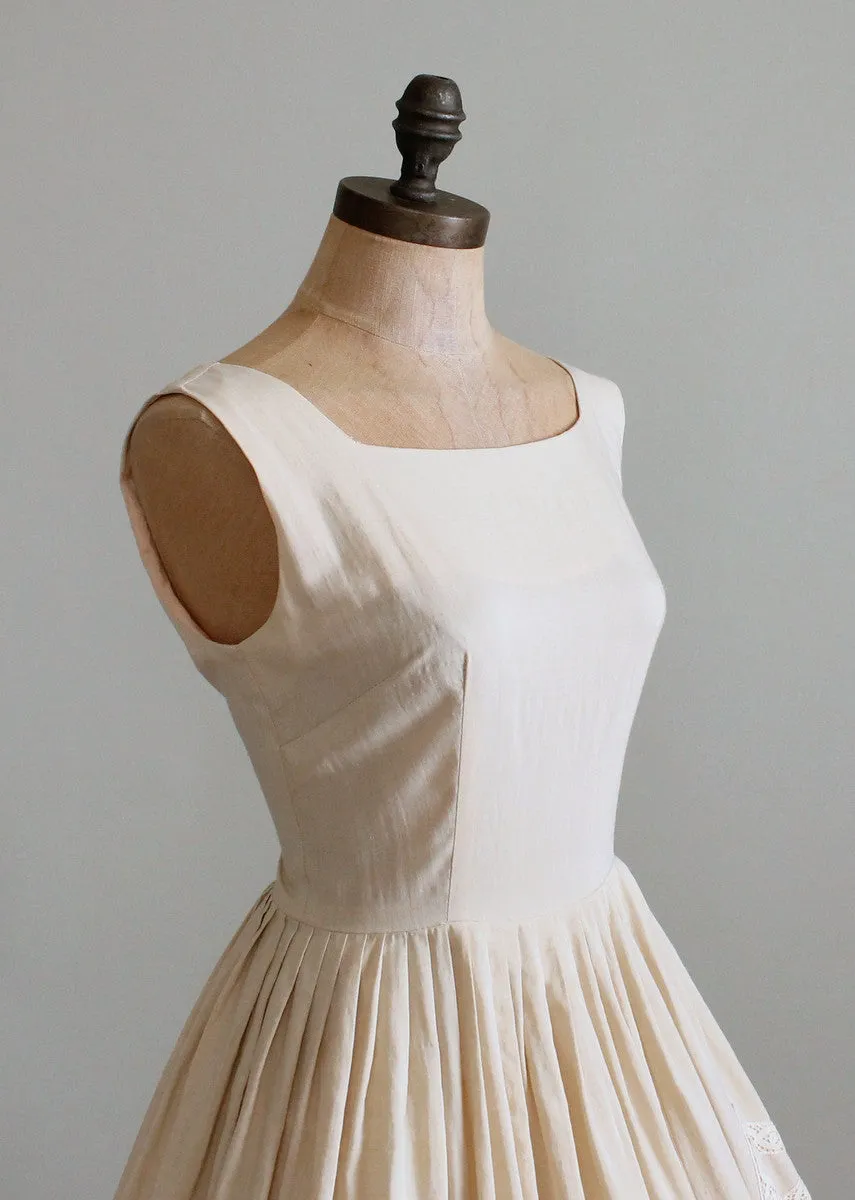 Vintage 1950s Tan Silk Blend Sundress with Lace Bow