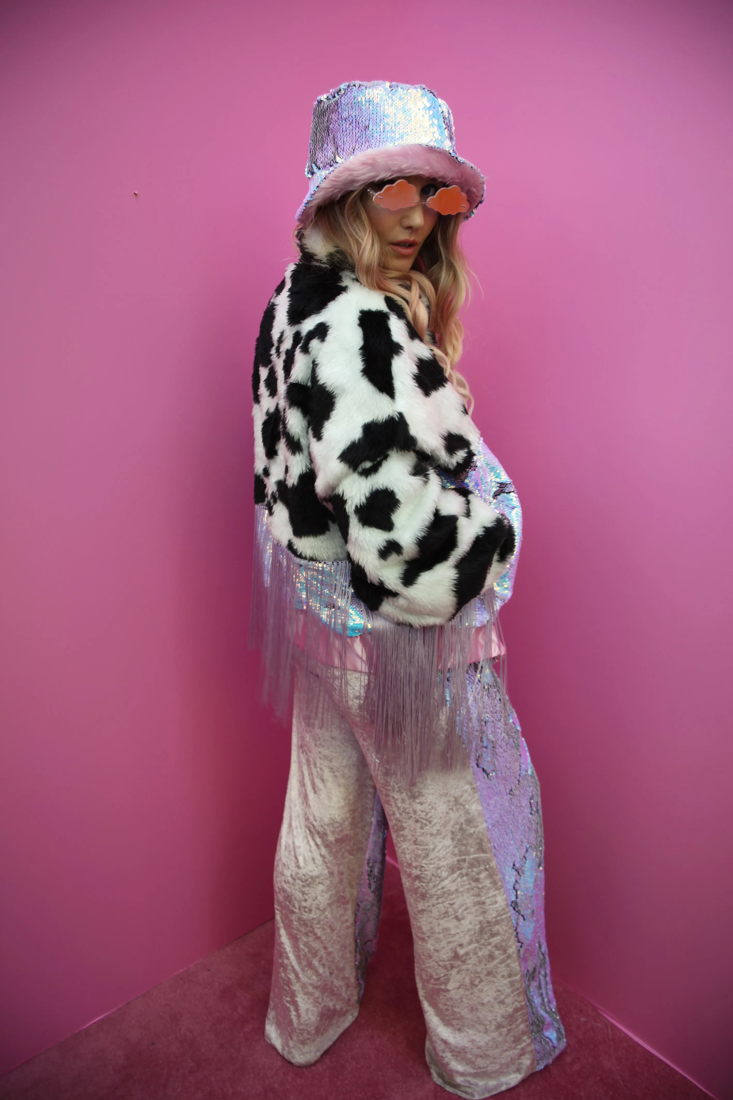 WEAR CARBS X LOONIGANS Cow Faux Fur & Celestine Sequin Jacket