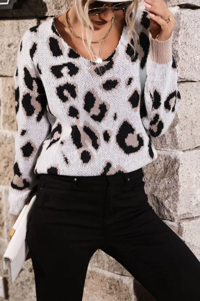 White Leopard Knit V Neck Sweaters