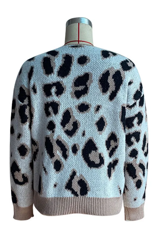 White Leopard Knit V Neck Sweaters