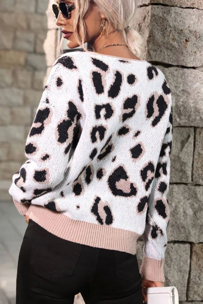 White Leopard Knit V Neck Sweaters