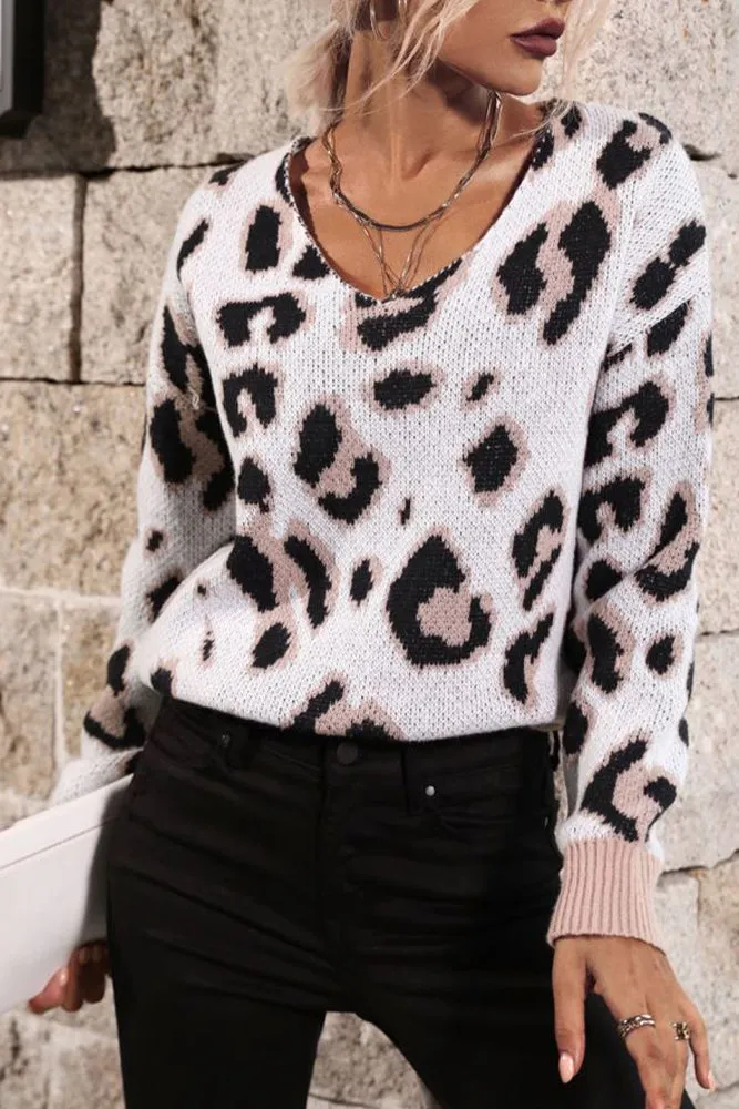 White Leopard Knit V Neck Sweaters